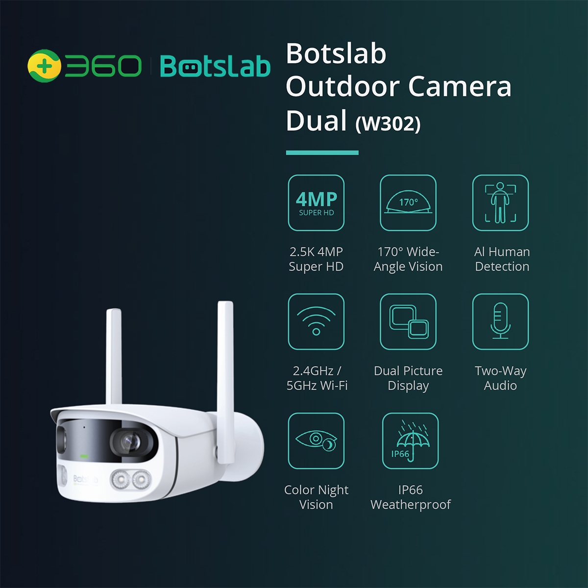 360 BOTSLAB - W302 Outdoor Camera Dual 智能戶外型防水防暴攝影機 2.5K