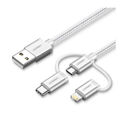 UGREEN US186-A [50201] 三合一手機數據線 Iphone, TypeC, MICRO USB - 0.5M (WHITE)